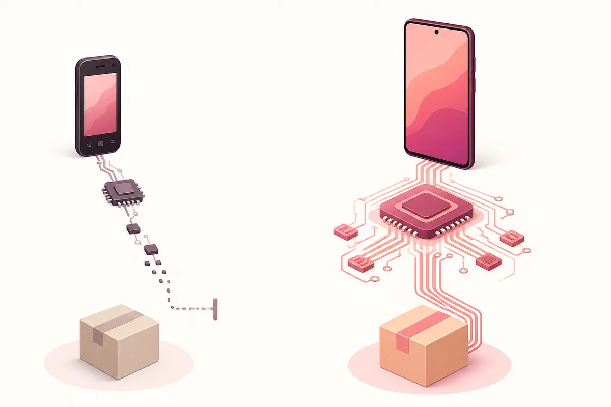 Redaktionelle Vergleichsillustration mit zwei Android-Geräten und unterschiedlichen Prozessorpfaden