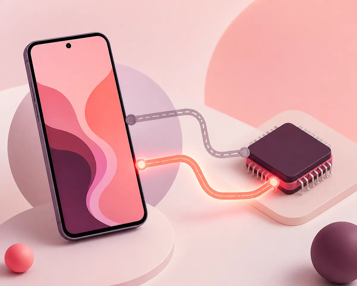 Redaktionelle Illustration eines Android-Telefons mit einem Chip zur Erklärung der APK-Architekturkompatibilität