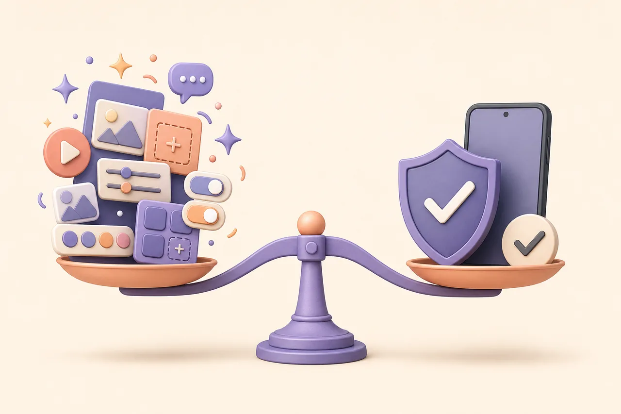 Illustration editoriale montrant l equilibre entre fonctions de personnalisation et stabilite de l application