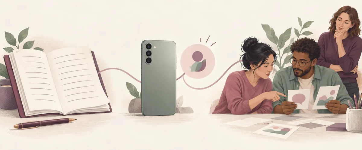 Redaktionelle Illustration mit Versionshinweisen, einer installierten Smartphone-Version und zwei Personen bei der gemeinsamen Prüfung eines kontrollierten Tests