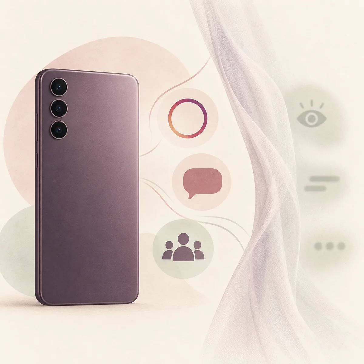 Redaktionelle Illustration eines Smartphones neben Symbolen für Storys, Nachrichten und Zuschauer, getrennt durch einen weichen Privatsphäre-Schleier