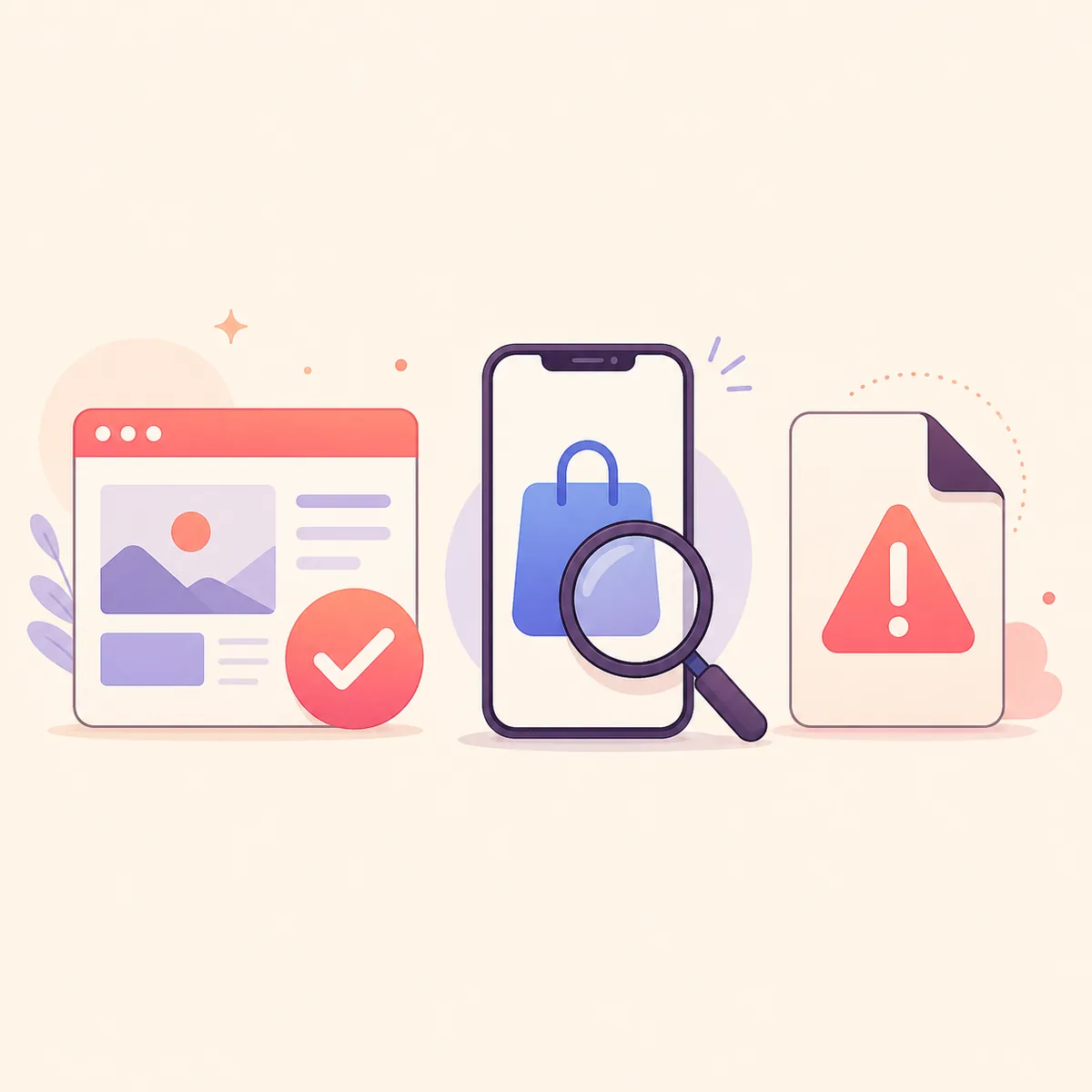 Illustrazione concettuale con sito ufficiale, negozio di app e file sospetto