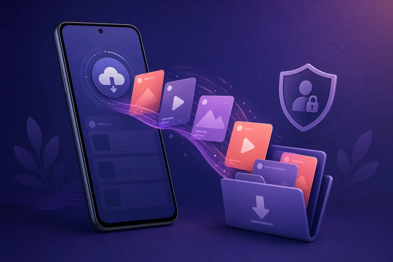 Ilustración editorial de tarjetas multimedia de Android que pasan a una carpeta local
