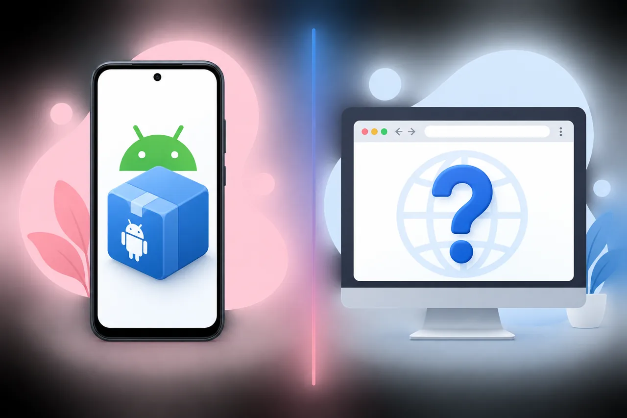 Android APK 패키지와 확인되지 않은 브라우저 버전 주장을 비교하는 편집 일러스트